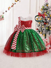 Young Girls' Colorblock Sequin Mesh Bow Decor Elegant Performance Princess Dress For Shows, Holidays, Parties, Hair Band Included